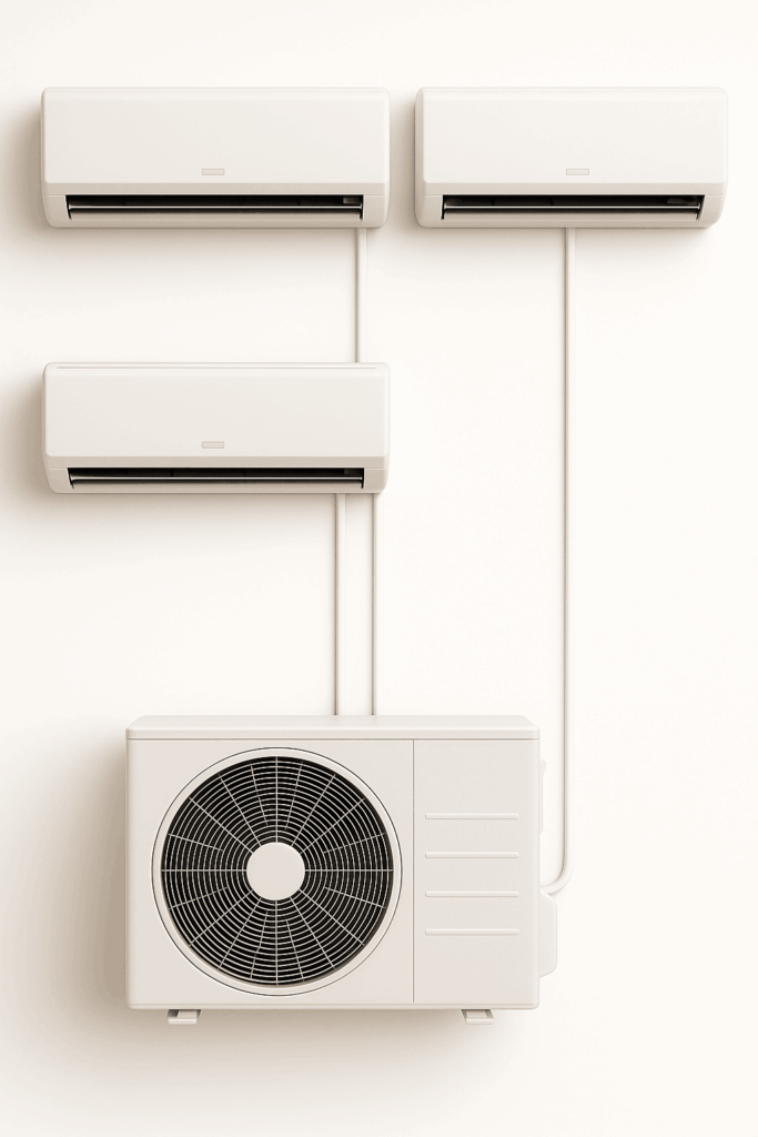 Schéma 3D d’un système de climatisation réversible multisplit, avec deux unités intérieures reliées à une unité extérieure.