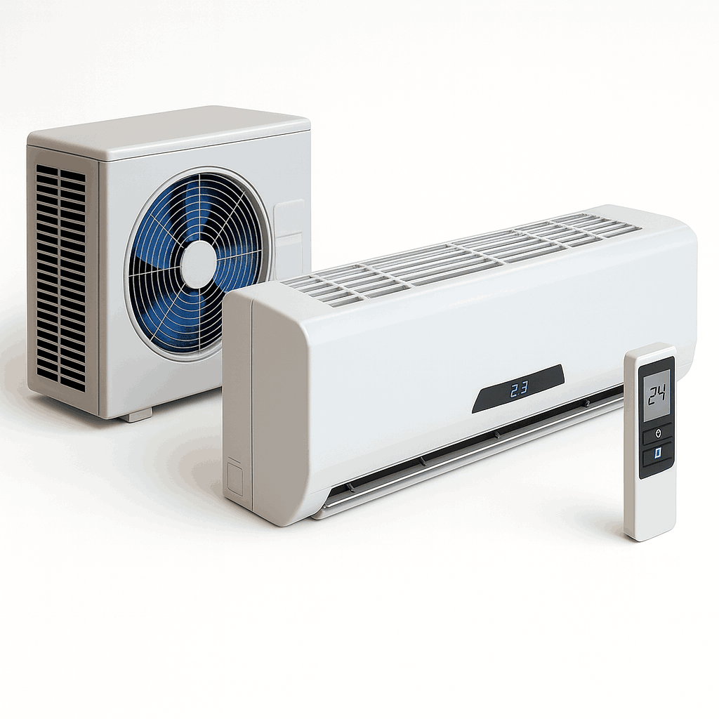 Illustration 3D d’un système de climatisation réversible monosplit, avec une unité intérieure murale, une unité extérieure et une télécommande affichant la température.