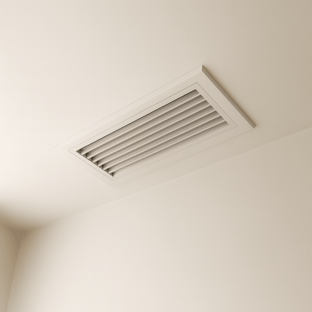 Bouche d’aération rectangulaire intégrée au plafond, utilisée pour la diffusion de l’air dans une climatisation gainable.