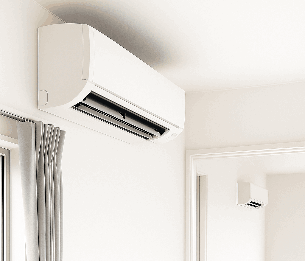 Climatisation murale bi-split installée dans un intérieur moderne et lumineux pour assurer confort thermique toute l’année