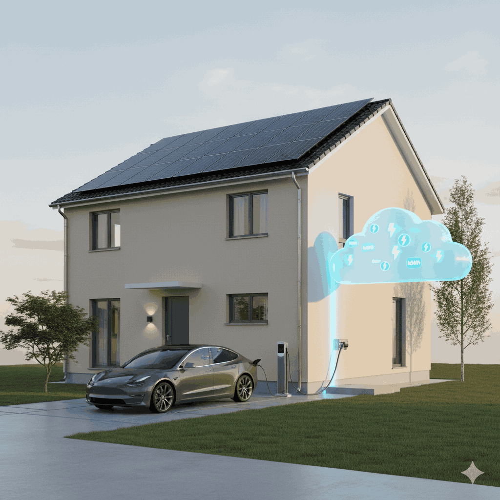 Illustration 3D d’une maison équipée de panneaux solaires reliée à un nuage symbolisant une batterie virtuelle pour le stockage d’énergie solaire.