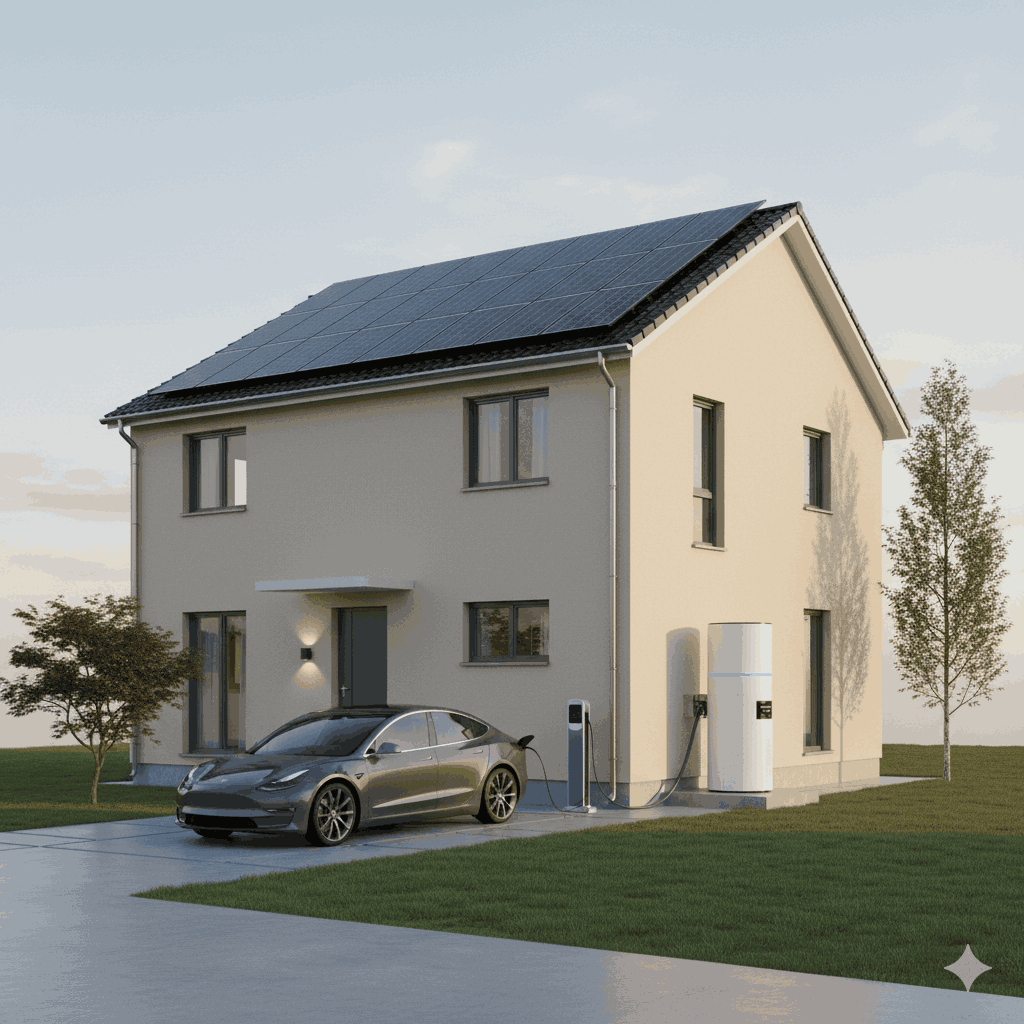 Maison moderne équipée de panneaux solaires sur le toit, d’une batterie extérieure et d’une pompe à chaleur, illustrant une installation d’autoconsommation énergétique.