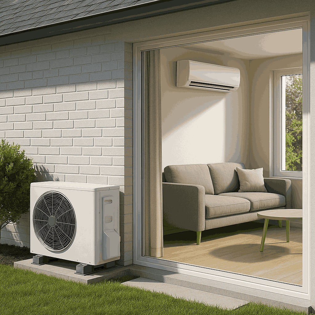 pompe à chaleur air-air installée dans une maison, avec groupe extérieur et unité murale intérieure.