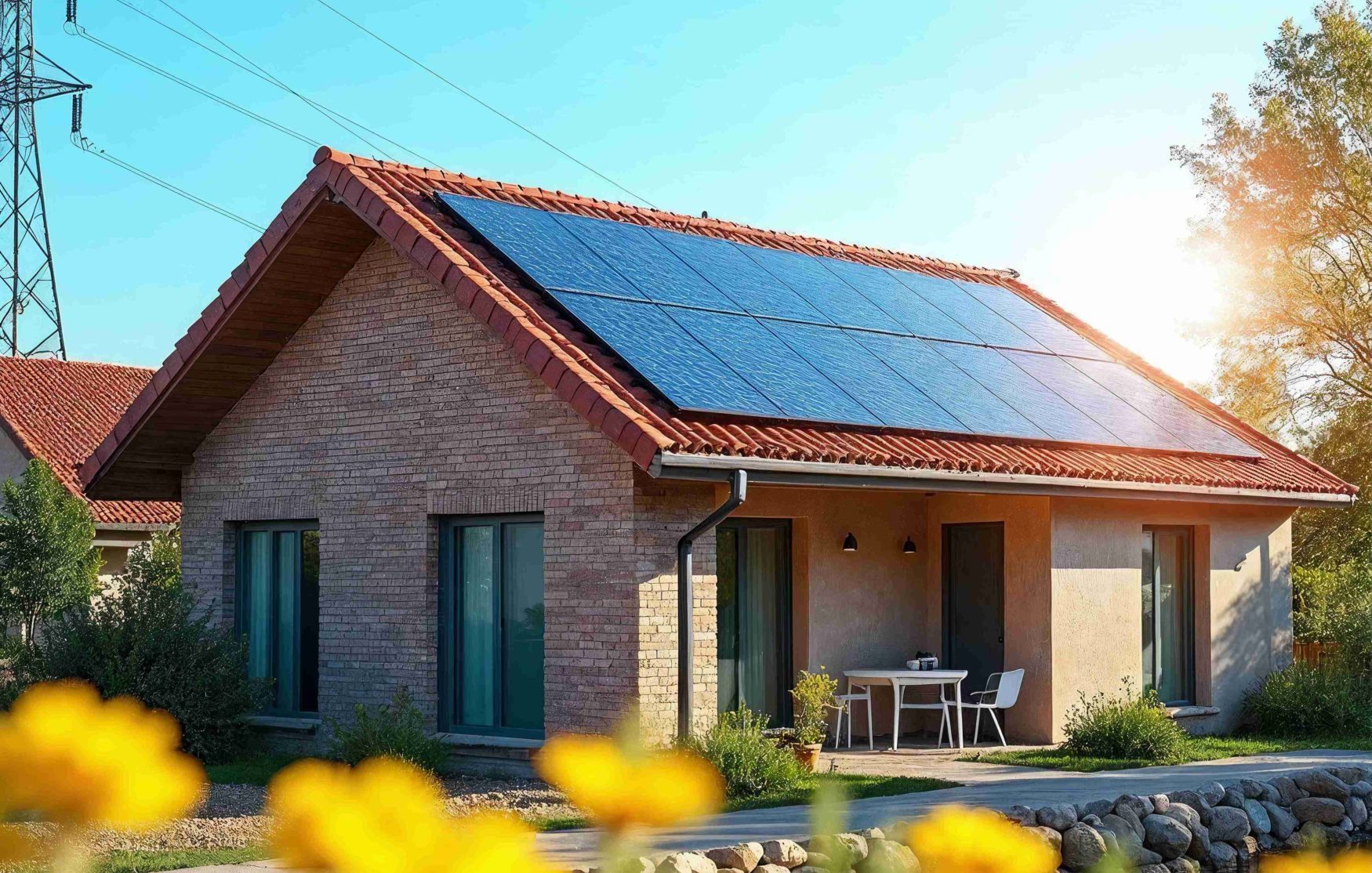 Maison équipée de panneaux solaires sur le toit, produisant de l’électricité grâce à l’énergie du soleil, symbole d’autoconsommation et de production photovoltaïque.