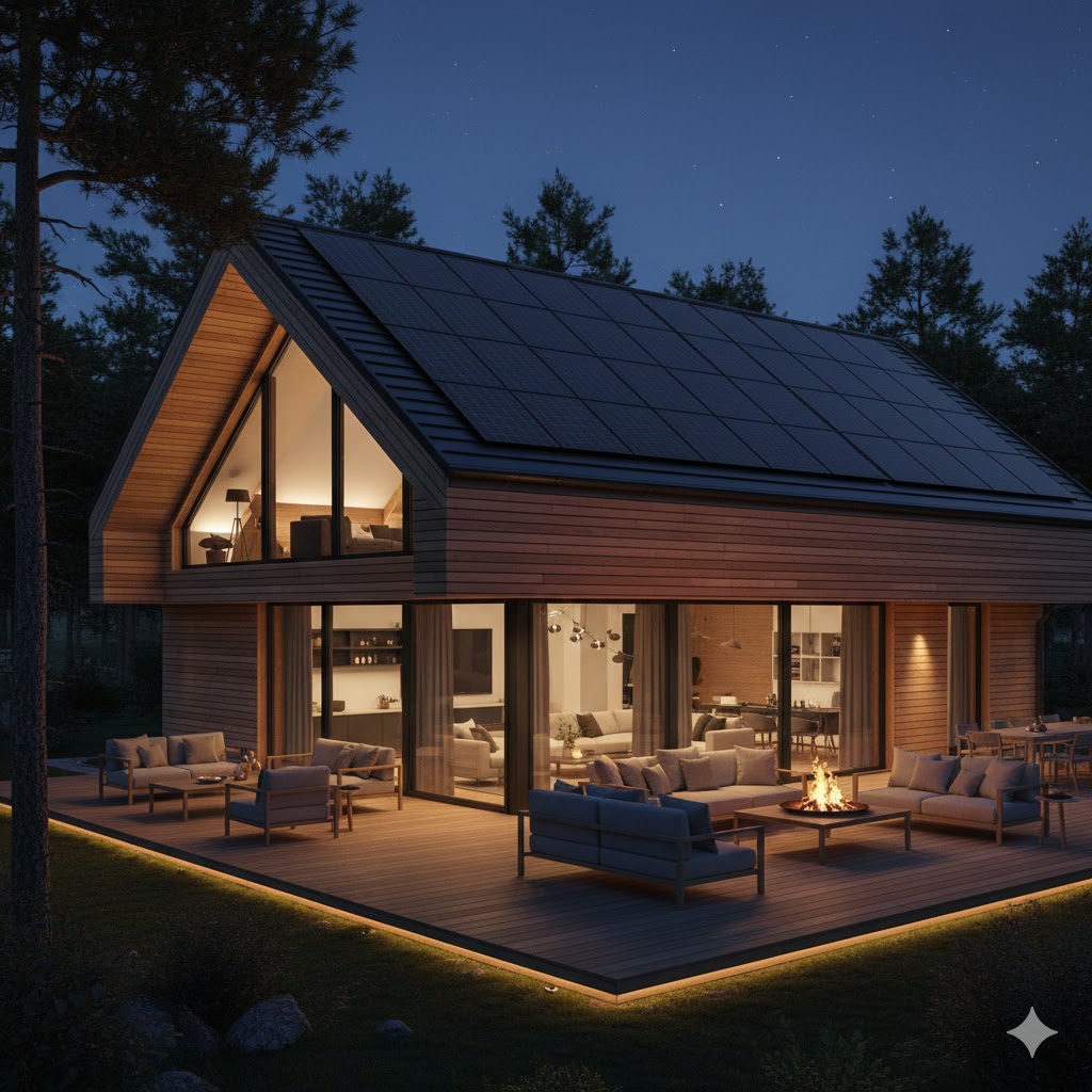 Maison contemporaine en bois éclairée la nuit, équipée de panneaux solaires sur le toit et d’une terrasse extérieure chaleureuse, symbole d’autonomie énergétique.